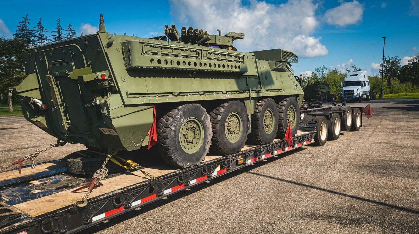 Armored vehicle staged on a lowboy trailer with a tractor waiting in the background