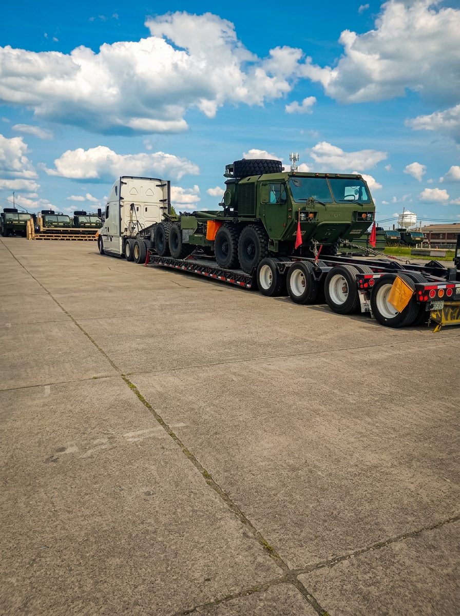 Heavy tactical truck loaded on a four-axle lowboy trailer behind a white sleeper tractor