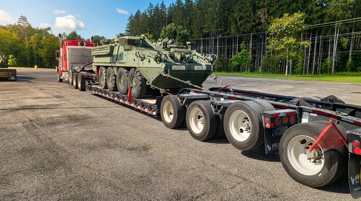 Eight-wheeled armored fighting vehicle secured on a multi-axle lowboy trailer