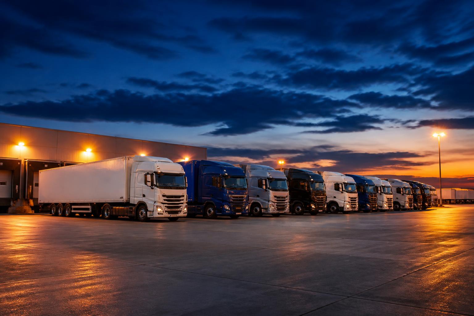 Tractor-trailers staged at a freight terminal at dusk