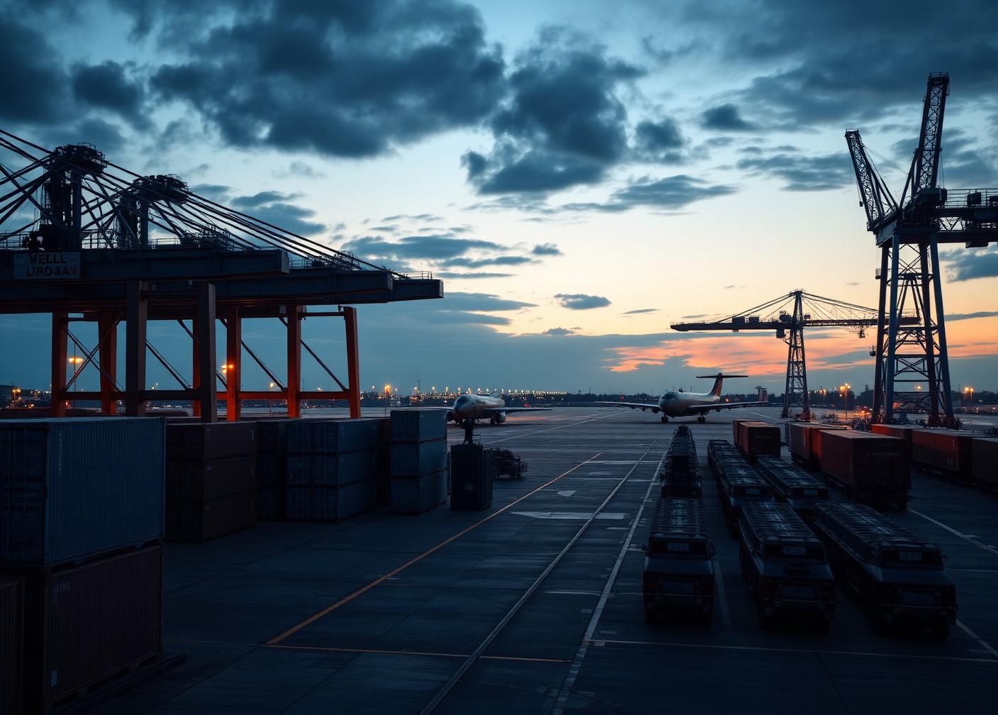 Port and airfield throughput operation with containers, gantry cranes and staged rolling stock