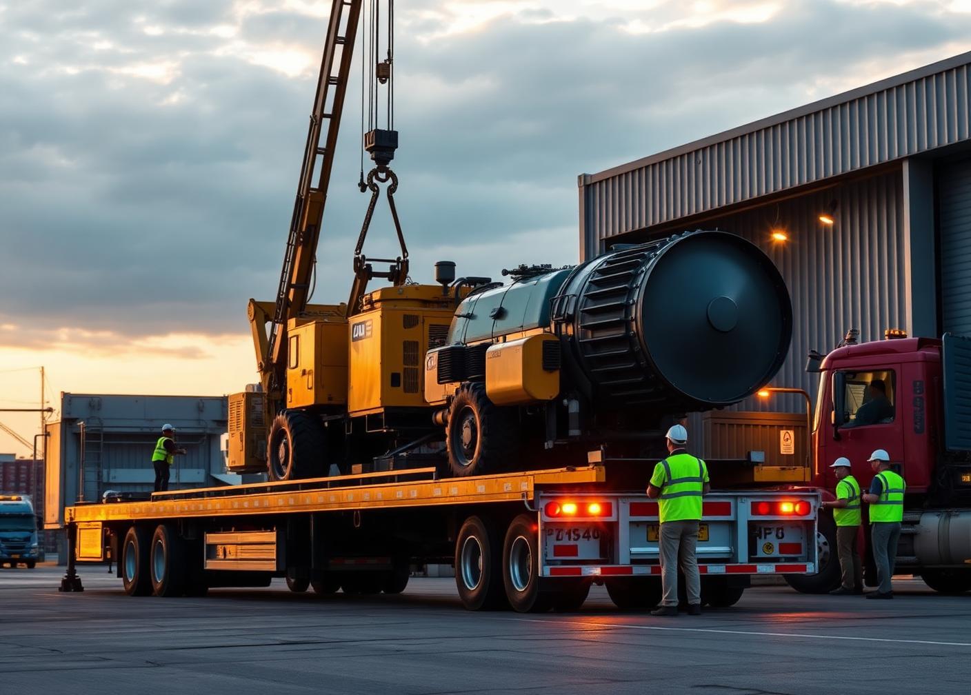 Heavy equipment being loaded onto a lowboy flatbed trailer at a freight distribution node