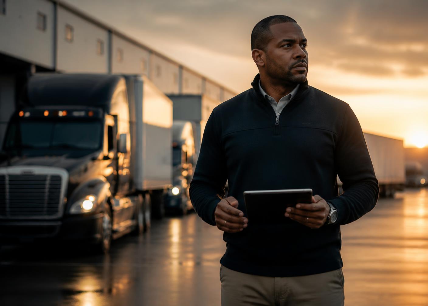 Logistics manager coordinating commercial tractor-trailers at a freight staging yard