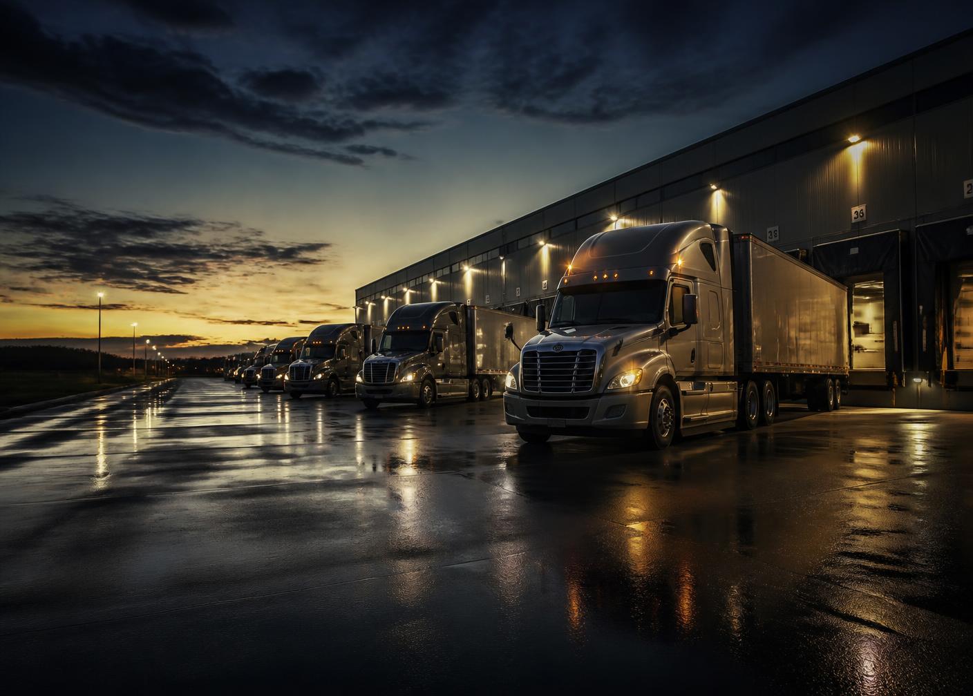 Commercial tractor-trailers staged at a distribution terminal for line-haul departure