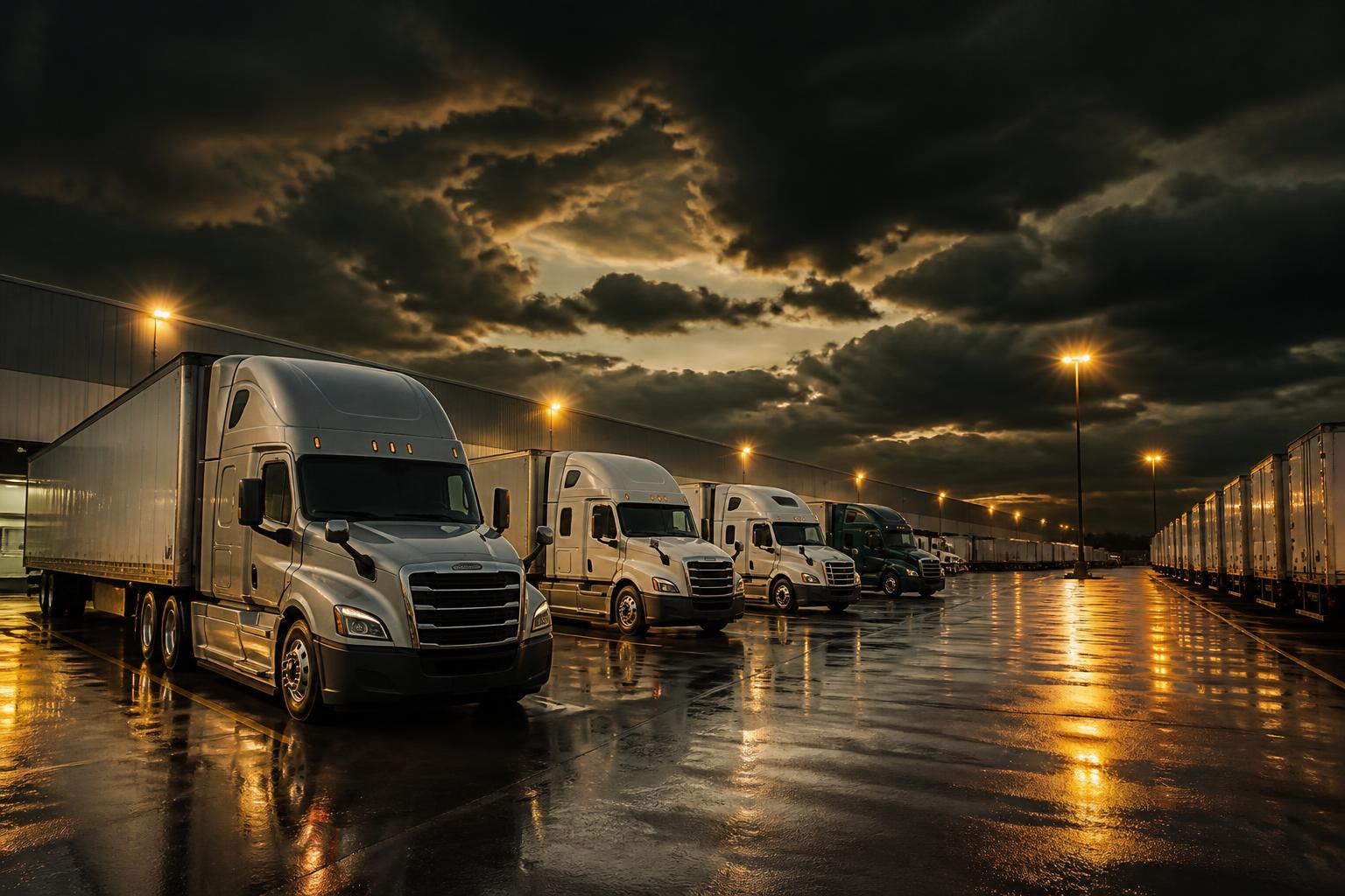 Fleet of tractor-trailers staged at a carrier yard at dusk