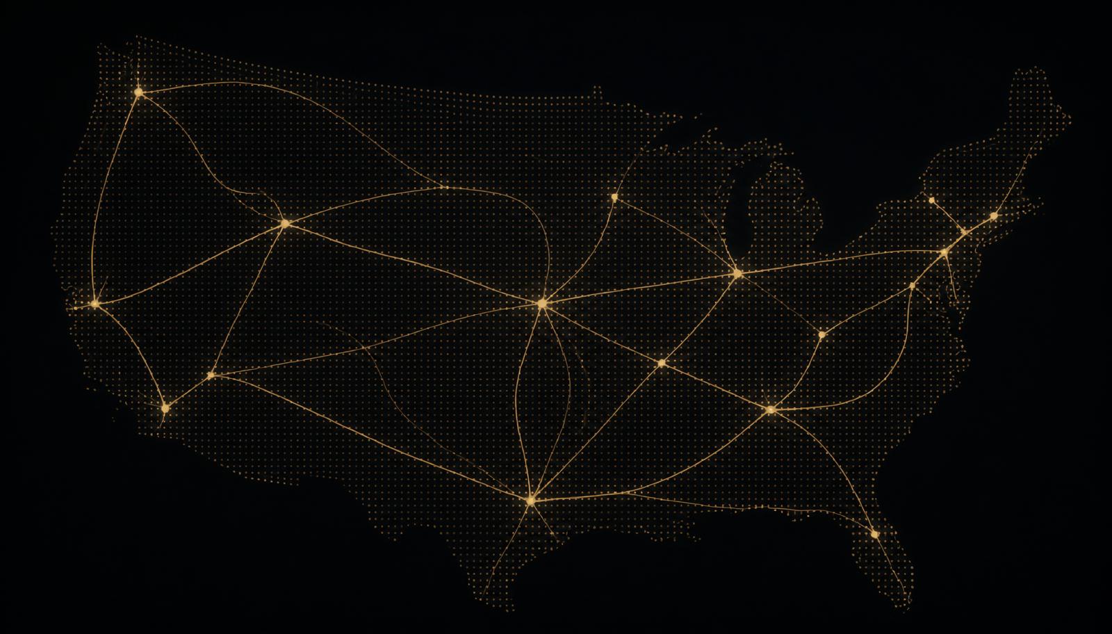 Stylized route-corridor map of the United States showing freight movement between major transportation nodes