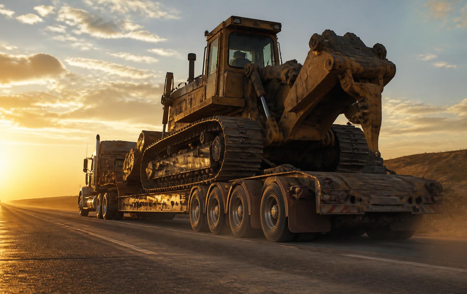 Flatbed trailer hauling heavy equipment on an open highway at golden hour