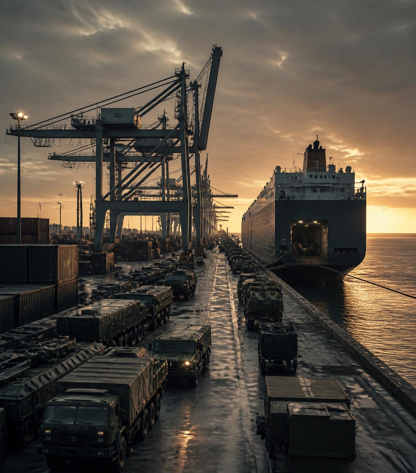 Military vehicles and containers staged on a port terminal at dusk beside a cargo vessel